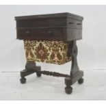 Victorian rosewood work table with hinged swivel top, over a single drawer and sewing basket