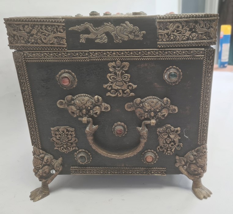 Eastern wooden casket of rectangular form, the body and hinged cover decorated with applied metal - Image 4 of 5