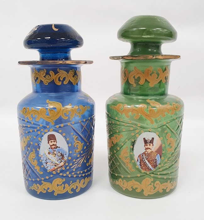 Pair possibly Bohemian stoppered glass bottles with gilt decoration and roundels, depicting - Image 2 of 13
