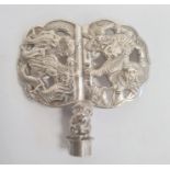 Monkey-pattern scent bottle stopper, 3cm high and a Chinese silver-coloured metal two-part belt