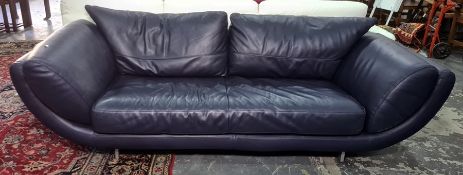 Pair of modern office reception navy blue leather settees, each four-seater and on brushed metal