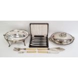 Silver plated bacon dish of plain oval form, silver plated two-handled vegetable dish and cover