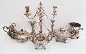 Victorian silver plated three-piece tea set, silver plated two-branch candelabrum, silver plated