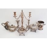 Victorian silver plated three-piece tea set, silver plated two-branch candelabrum, silver plated