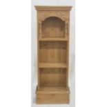 Narrow pine open bookcase on plinth base, 41cm x 117cm