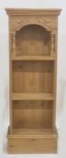 Narrow pine open bookcase on plinth base, 41cm x 117cm