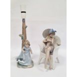 Lladro porcelain table lamp in the form of girl and puppy beside tree trunk, 12cm high and Lladro