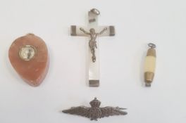 Sterling RAF pin, boxed, agate compass set pendant, mother-of-pearl and metal crucifix and another