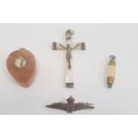Sterling RAF pin, boxed, agate compass set pendant, mother-of-pearl and metal crucifix and another