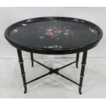 Papier mache tray-topped table with floral design, on bamboo-style ebonised base