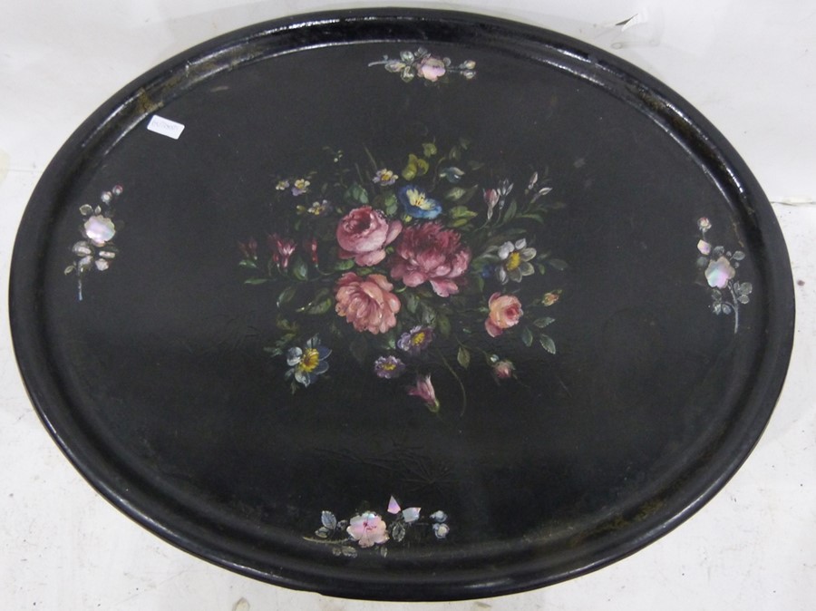 Papier mache tray-topped table with floral design, on bamboo-style ebonised base - Image 2 of 2