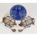Blue and white platter and two lights and a pair of electroplated salad servers (4)