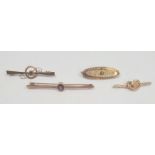 Gold-coloured metal and amethyst bar brooch and three various gold-coloured bar brooches (4)