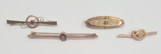 Gold-coloured metal and amethyst bar brooch and three various gold-coloured bar brooches (4)