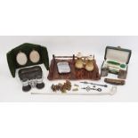 Assorted items to include clay pipe, opera glasses, lighters and a small bag of engraved brass