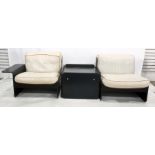 20th century designer modular pair of seats and coffee table in black ash-effect finish (3 parts)