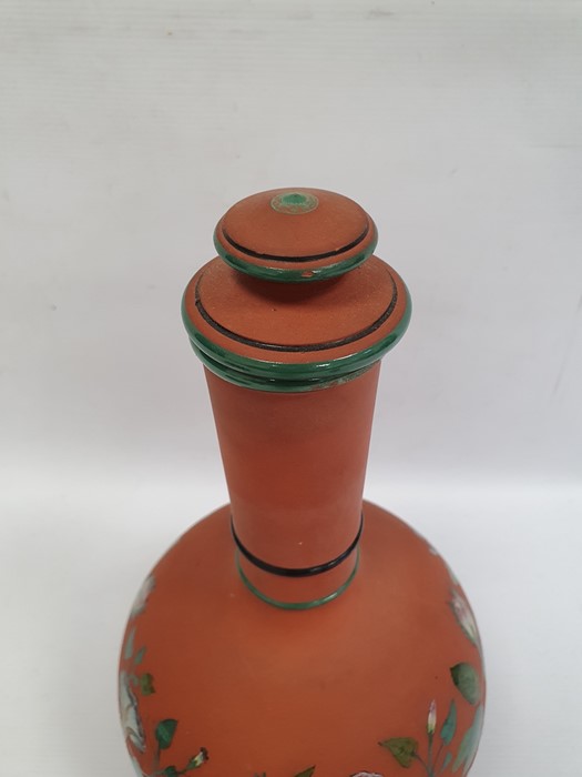 19th century terracotta bottle vase and cover decorated with enamels with convolvulus and the - Image 3 of 9