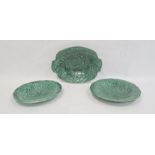Pair 19th century Thomas Till green glazed majolica dessert plates and matching oval dish, 29cm wide