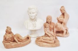 Bust of Mozart, three terracotta figures to include mother and child and reclining nude (4)