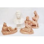 Bust of Mozart, three terracotta figures to include mother and child and reclining nude (4)