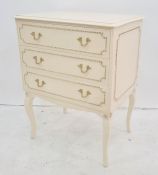 Modern three-drawer chest on cabriole legs, finished in cream, 56cm x 76.5cm