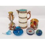 Assorted glassware to include paperweight, squat vase, further vase, Wedgwood majolica jug marked '