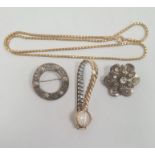 Two silver brooches, gold-coloured chain necklace and UTI rolled gold lady's wristwatch and