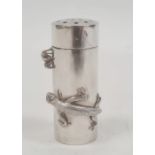 Chinese silver pepperette, cylindrical, applied with lizard chasing a bug, having hinged pierced
