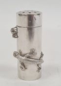 Chinese silver pepperette, cylindrical, applied with lizard chasing a bug, having hinged pierced
