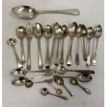 Assorted silver teaspoons, salt spoons, a silver plated tablespoon and a fork, 11.5toz. approx. in