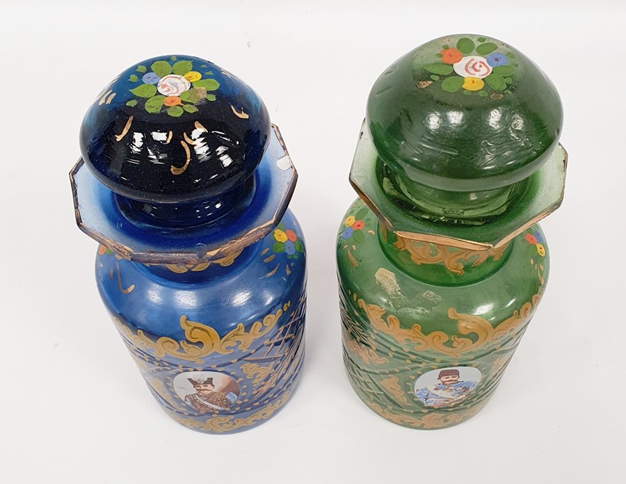 Pair possibly Bohemian stoppered glass bottles with gilt decoration and roundels, depicting - Image 3 of 13