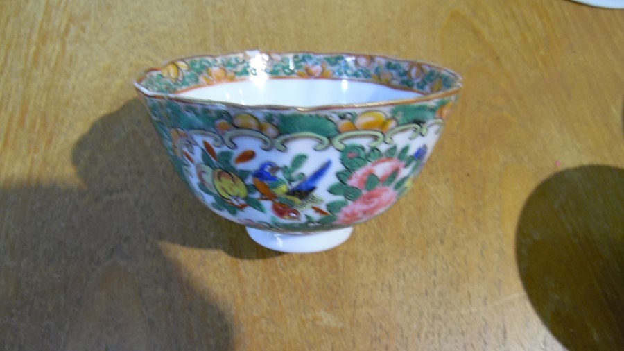 Three Chinese porcelain tea bowls with blue landscape and plant decoration, similar saucer and a set - Image 11 of 11