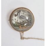 Victorian 18ct gold reverse painted rock crystal brooch, circular, painted with heron and bullrushes