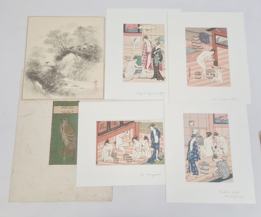 Set of six Thai bodycolour erotic drawings with various figures in interiors and gardens, - Image 2 of 31