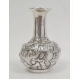 Chinese silver-coloured miniature bottle vase, the body repousse with figures in gardens, Chinese