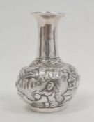 Chinese silver-coloured miniature bottle vase, the body repousse with figures in gardens, Chinese