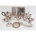 Silver plated three-piece tea set, pair of silver plated goblets, silver plated two-handled sugar