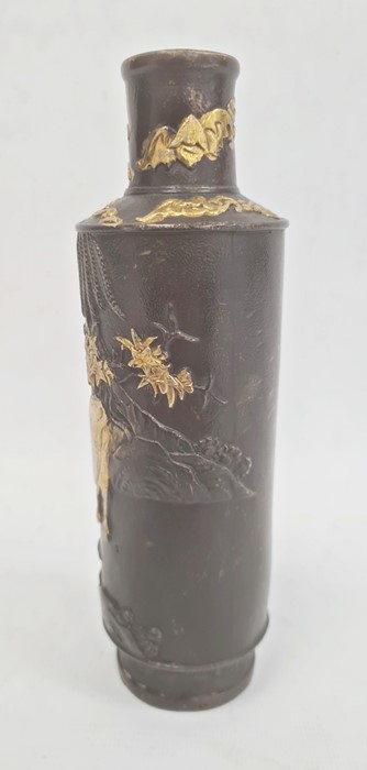 Unusual Chinese painted bronze vase, rouleau-shape with gilt cattle and flowers in a mountainous - Image 2 of 4