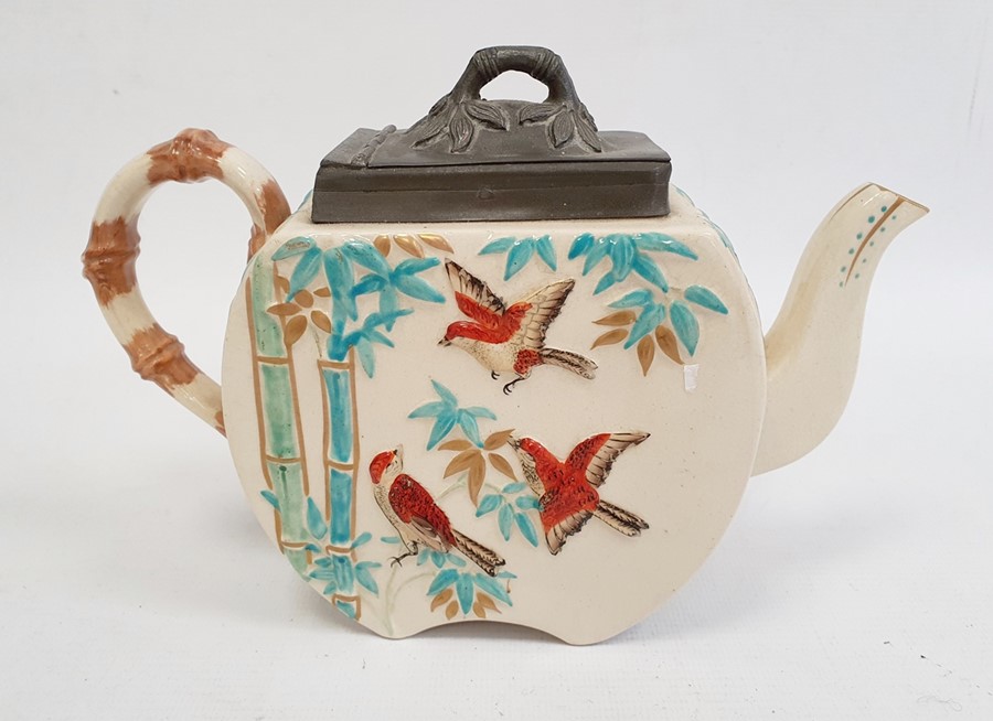 Victorian Aesthetic movement pewter mounted teapot in Japonaiserie style, embossed with birds and - Image 22 of 42