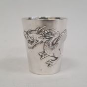 Chinese silver small beaker, bucket-form and embossed with dragon chasing pearl autour, stamped to