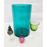 Isle of Wight glass scent bottle, large blue vase, green glass hocks and pink glass Murano vase (4)