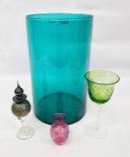 Isle of Wight glass scent bottle, large blue vase, green glass hocks and pink glass Murano vase (4)