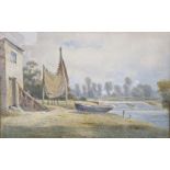 Watercolour Fisherman's cottage by a river, signed and dated 1871 lower right, 22 x 35cm together