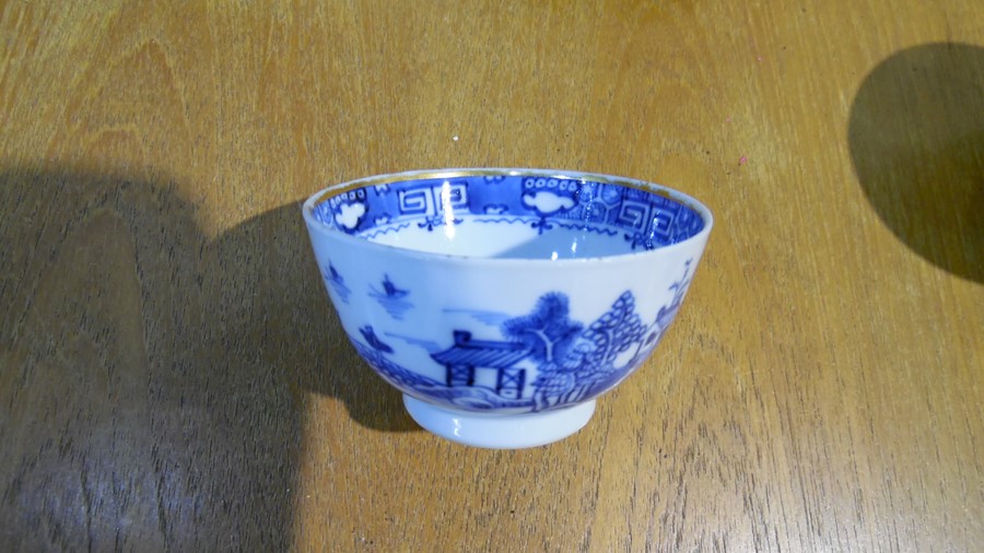 Three Chinese porcelain tea bowls with blue landscape and plant decoration, similar saucer and a set - Image 6 of 11