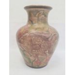 Arts & Crafts painted earthenware large vase, the ovoid body embossed with two fish, on a background