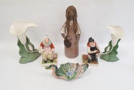 German porcelain stein with metal lid, Elbogen pottery figure of a girl, pair of tinted bisque