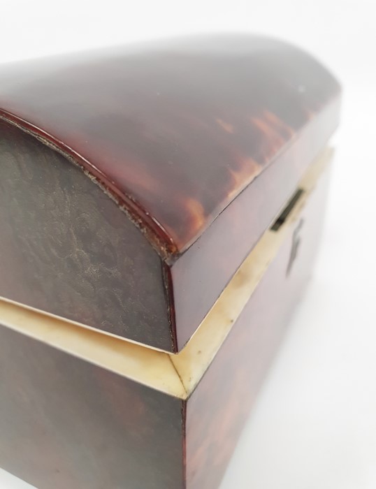 A 19th century tortoiseshell tea caddy, domed lid, ivory rim and handles, silvered escutcheon, on - Image 8 of 9