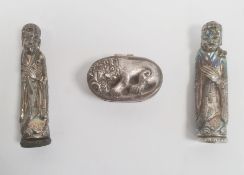 Two white metal figural sifters, modelled as robed Chinese figures, their foreheads pierced, 8cm
