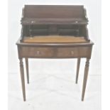 Modern mahogany bureau, the lift-up lid to reveal writing surface and pigeonholes, above two