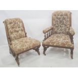 Two late Victorian walnut chairs, one open armchair and one salon chair both with carved stud